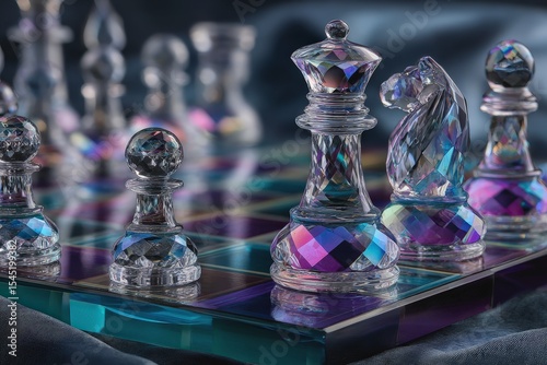 Colorful crystal chess pieces arranged on a reflective board set in a dimly lit indoor space