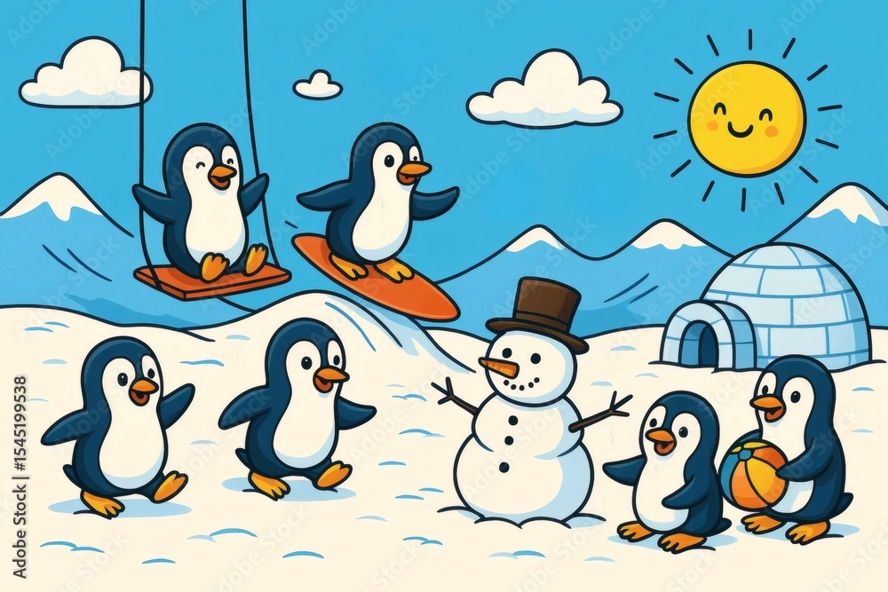 Fototapeta premium Funny Penguins Playing on the Ice Background