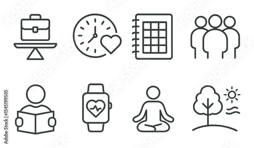 Balanced life icons set – outline, wellness and lifestyle symbols for simplicity