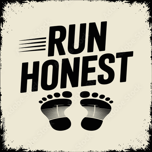 Run Honest Motivational Fitness Quote Typography Design with Footprints Black and Beige Vintage Style Grunge Texture Background Sporty Graphic Athletic Image Exercise Poster Running Shoes Healthy     