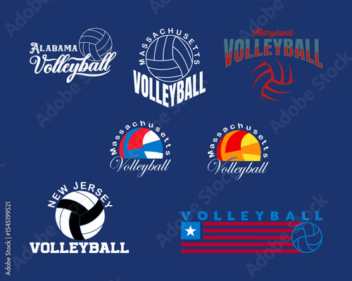 A versatile collection of dynamic volleyball team logos featuring various design styles, perfect for sports apparel, merchandise, event promotions, and team branding.