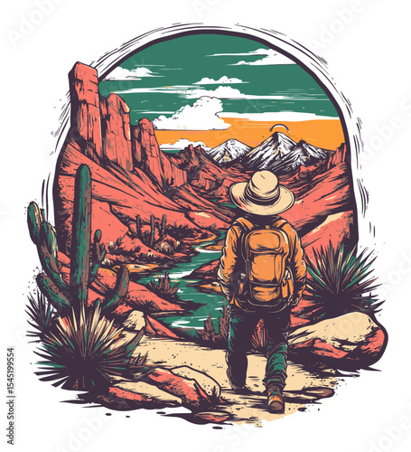 Adventure in Vibrant Desert Landscape with Mountains and Wanderer