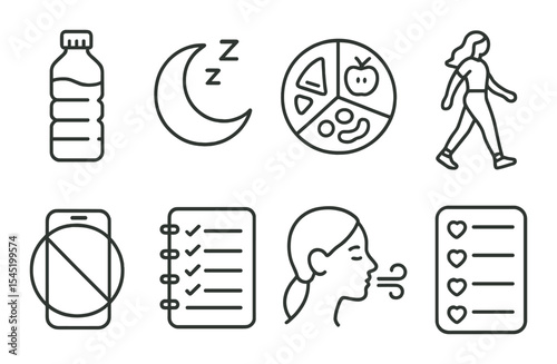 Healthy habits icons set - outline, wellness and lifestyle symbol collection
