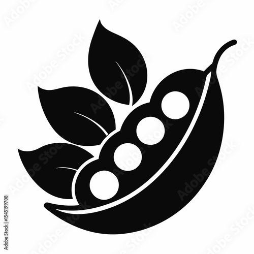 Pea pod with leaves isolated on white background in black and white