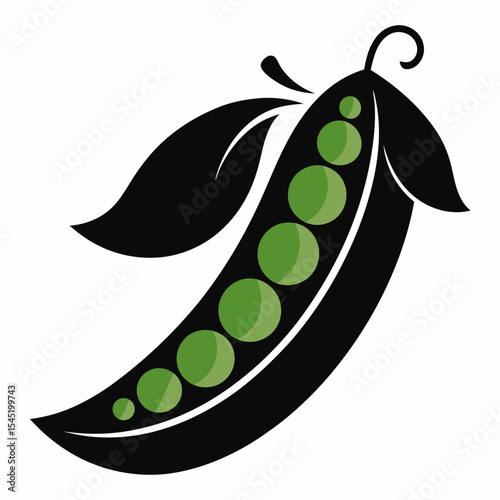 Black pea pod with green peas and leaves isolated on white background