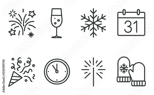 New year celebration icons set – outline, festive and holiday elements for design