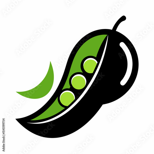 Black pea pod with green peas isolated on white background