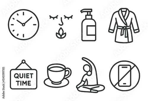 Mindful relaxation icons set – outline, meditation and calming spa symbols
