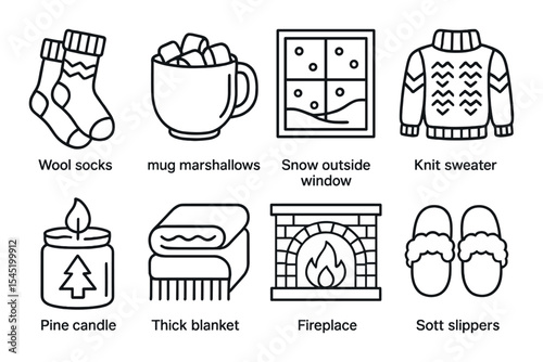 Cozy winter essentials icons set - outline, warm clothing and comfort symbols