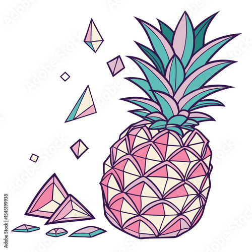 Illustration of a stylized pineapple with geometric patterns and floating geometric shapes around it