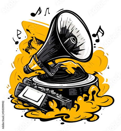 Vintage Turntable and Retro Speaker in Vibrant Artistic Style