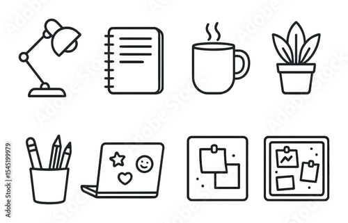 Cozy workspace icons set – outline, desk essentials and home office symbols