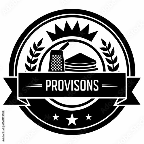 Provisions label with wheat and crown isolated on white background
