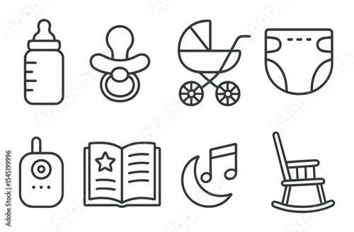 Parenting essentials icons set – outline, childcare and family symbols