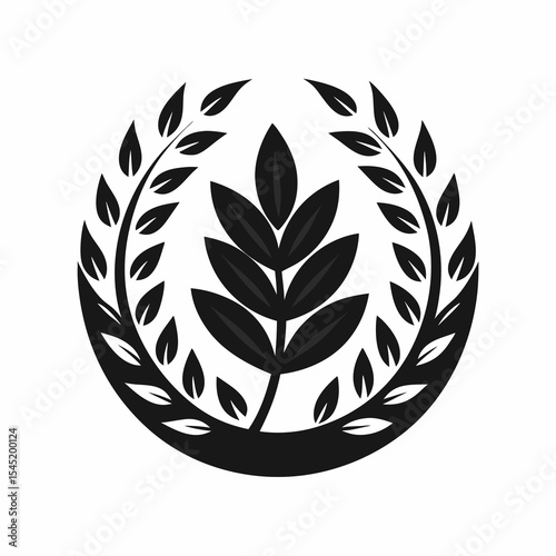 Leafy wreath design with central branch isolated on white background