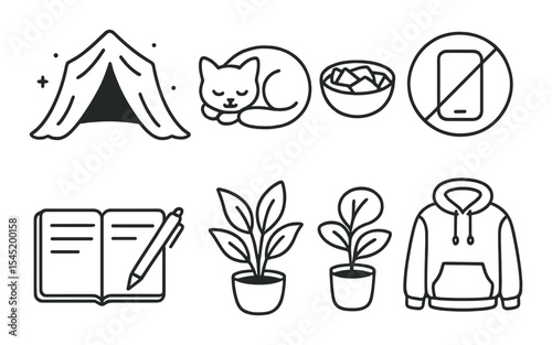 Comfort zone icons set – outline, cozy living and relaxation style symbols