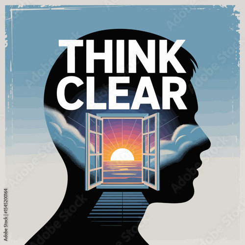 Think Clear Mind Open Window Sunrise Ocean View Peaceful Serene Tranquil Calm Mindful Positive Thinking Creative Inspiration Graphic Design Illustration Artwork Digital Art Image Vector Background Sky