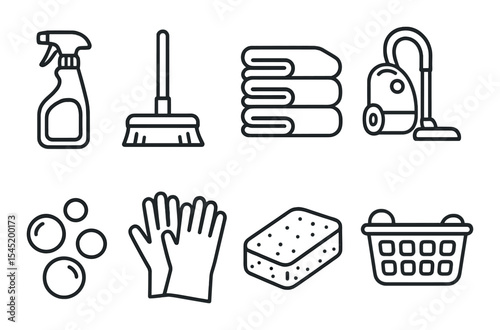 Cleaning essentials icons set – outline, home maintenance and hygiene symbols
