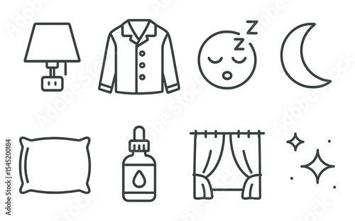 Cozy night icons set – outline, bedtime, relaxation and sleep symbols