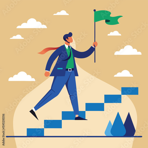 Successful Businessman Climbing Stairs to Success, Achieving Goals, Vector Illustration