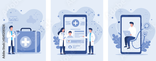 Telehealth consultation with doctors, online medical records, mobile healthcare service, digital diagnosis, remote treatment, virtual hospital, health technology illustration