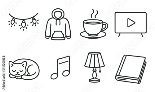 Cozy night icons set in line style – relaxing, evening and nighttime symbols