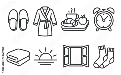 Cozy morning outline icons set – relaxation, comfort and daily routine symbols