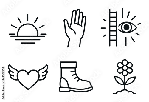Hope and positivity icons set – line style, uplifting and inspirational symbols