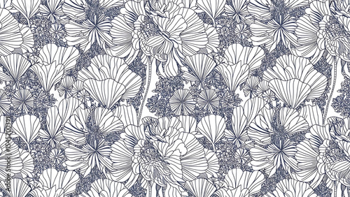 Elegant floral seamless pattern in monochromatic blue lines for textiles and backgrounds
