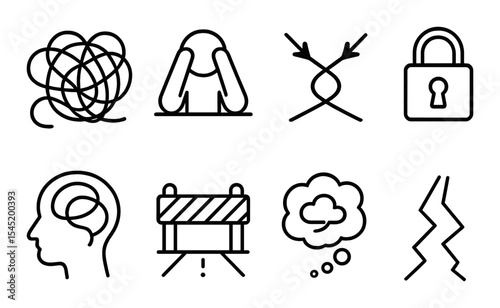 Mental health and stress management icons set – outline style, well-being insights