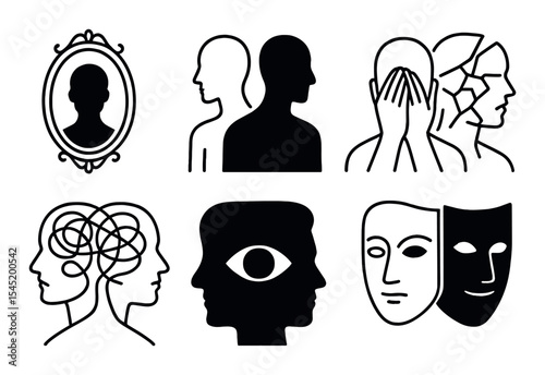 Psychological silhouette icons set – mental health, awareness, emotions symbols