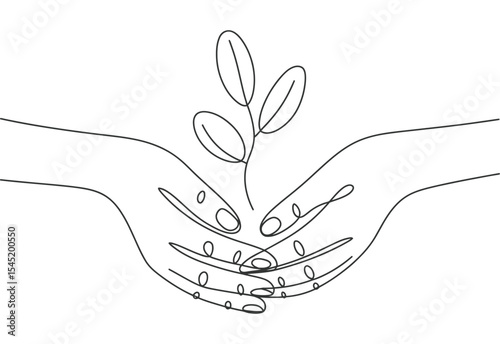Hands gently holding a sprout minimalist line art