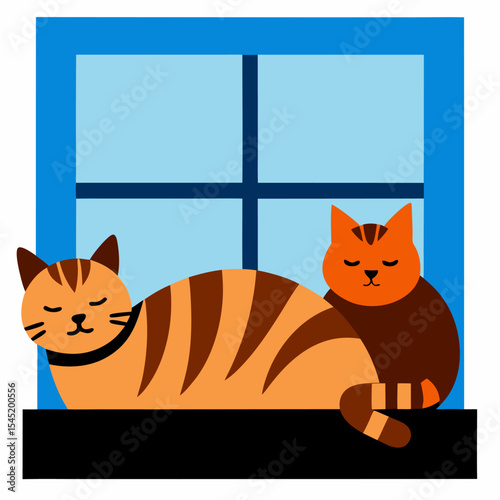 Two tabby cats lying and sleeping on the windowsill outside the window vector on white background.