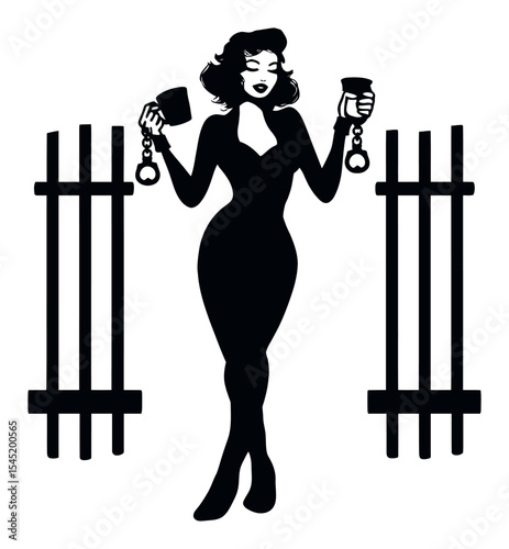Elegant Silhouette of a Woman with Handcuffs Standing Near Jail Bars