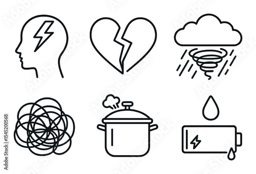 Emotional turmoil icons set – outline, mental health and stress symbols
