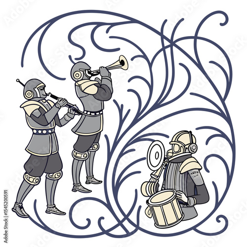 Three musicians in futuristic armor playing instruments amid swirling floral designs and patterns art
