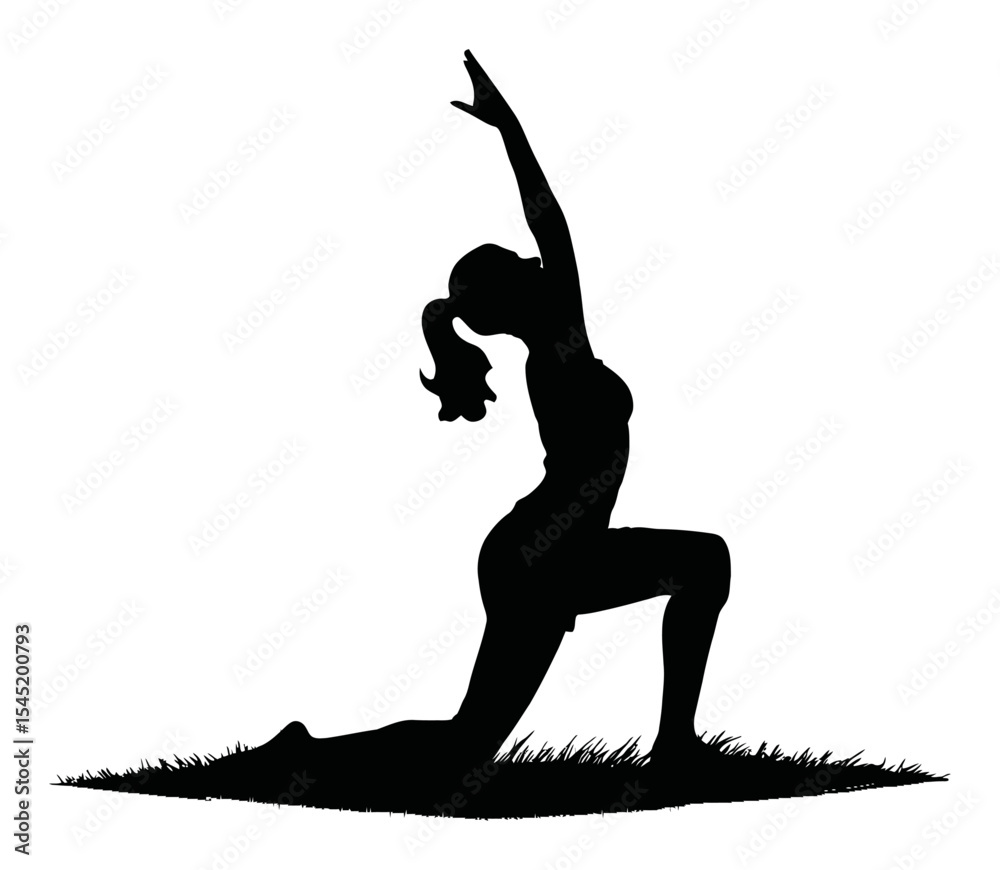 Fototapeta premium Elegant Silhouette of a Woman Practicing Yoga on Grass at Sunset