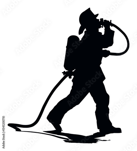 Silhouette of a Firefighter Communicating with a Hose for Emergency Response