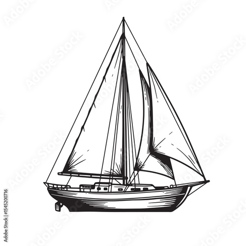 A vintage art silhouette illustration of a detailed sailboat sailing on the open ocean with minimalistic lines