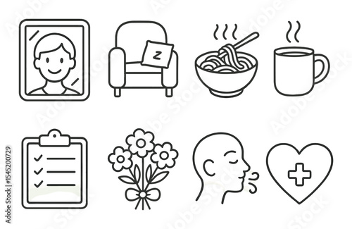 Self care icons set - outline design, wellness and relaxation symbols for holistic living