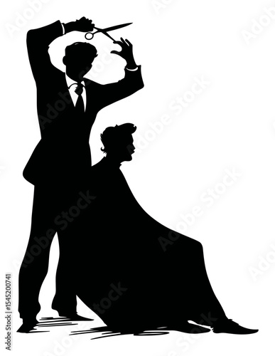 Elegant Silhouette of Barber Cutting Hair in Vintage Style with Scissors