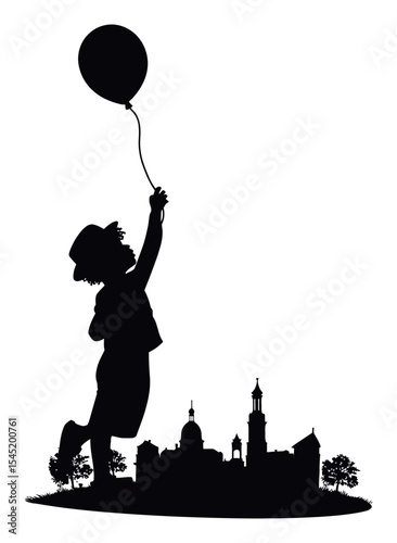 Silhouette of Child Holding Balloon Against City Skyline at Dusk