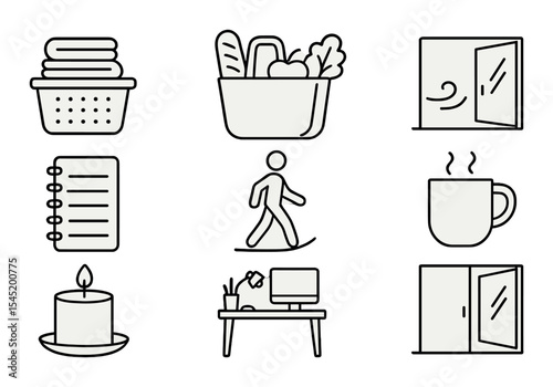 Weekend essentials icons set – outline, simple and minimalist daily activity symbols
