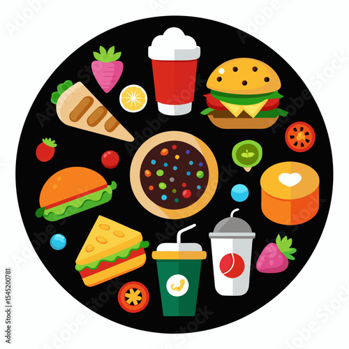 Various food and drink items arranged in a circle on black background