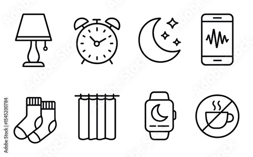 Sleep essentials icons set - outline, nighttime rest and relaxation symbols