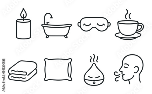 Relaxing rituals icons set – outline, meditation and self-care symbol collection