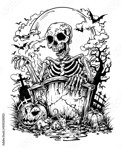 Spooky Hand-Drawn Skeleton Emerging from Grave with Creepy Creatures