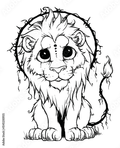 Hand Drawn Lion Illustration with Intricate Details and Playful Expression