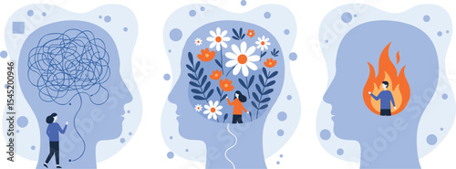 Mental health concept with stress, anxiety, emotional healing, mindfulness, positive thoughts, burnout, depression, therapy, mental wellness, illustration