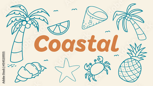 Coastal summer illustration featuring palm trees, pineapple, crab, and starfish